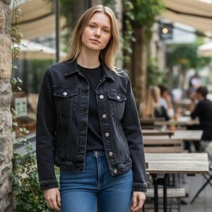 ZARA Black Denim Trucker Classic Button Up Jacket Small Preowned